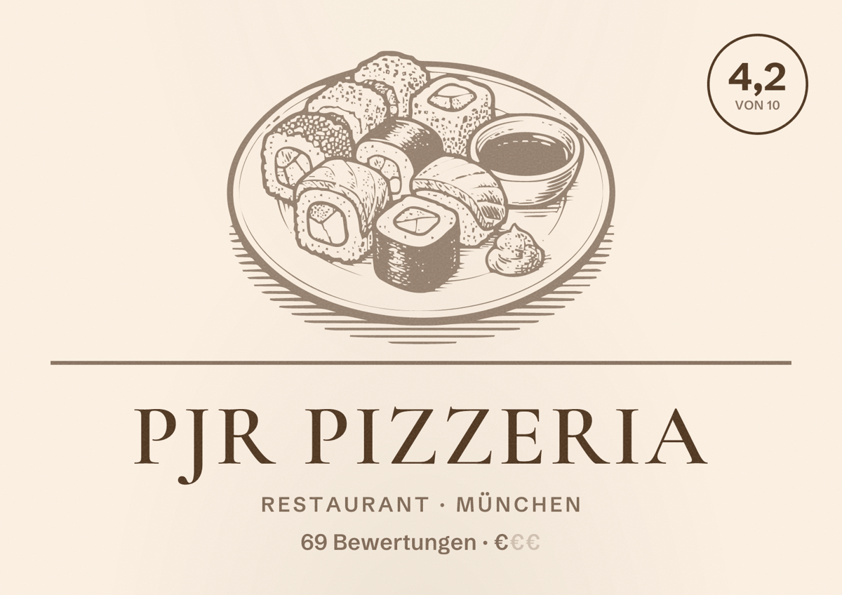 Illustriertes Poster von PJR Pizzeria, Restaurant in München: Bewertung 4,2 von 10 aus 69 Bewertungen, Preisniveau €