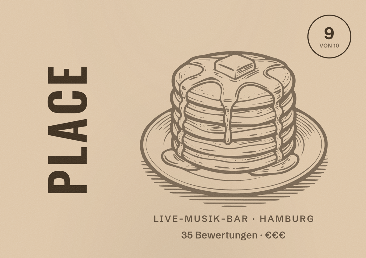 Illustriertes Poster von Place, Live-Musik-Bar in Hamburg: Bewertung 9 von 10 aus 35 Bewertungen, Preisniveau €€€