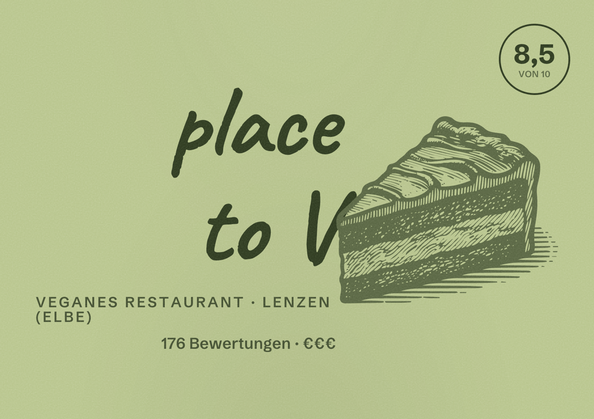 Illustriertes Poster von place to V, Veganes Restaurant in Lenzen (Elbe): Bewertung 8,5 von 10 aus 176 Bewertungen, Preisniveau €€€