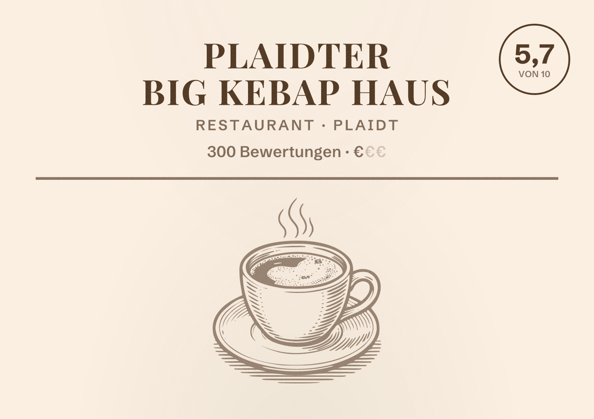 Illustriertes Poster von Plaidter big kebap haus, Restaurant in Plaidt: Bewertung 5,7 von 10 aus 300 Bewertungen, Preisniveau €