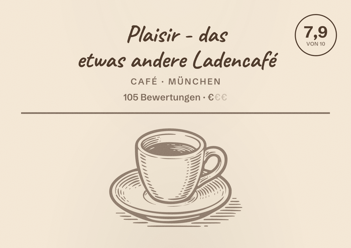 Illustriertes Poster von Plaisir - das etwas andere Ladencafé, Café in München: Bewertung 7,9 von 10 aus 105 Bewertungen, Preisniveau €