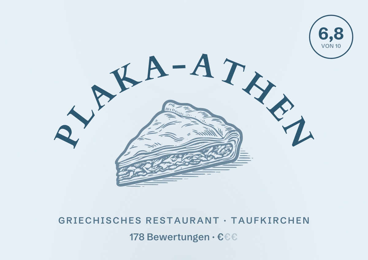 Illustriertes Poster von Plaka-Athen, Griechisches Restaurant in Taufkirchen: Bewertung 6,8 von 10 aus 178 Bewertungen, Preisniveau €