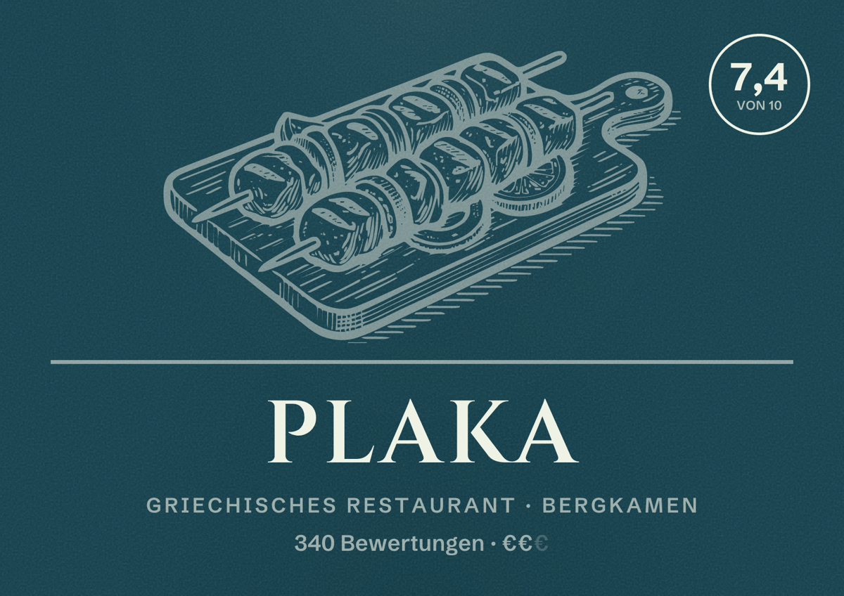 Illustriertes Poster von Plaka, Griechisches Restaurant in Bergkamen: Bewertung 7,4 von 10 aus 340 Bewertungen, Preisniveau €€