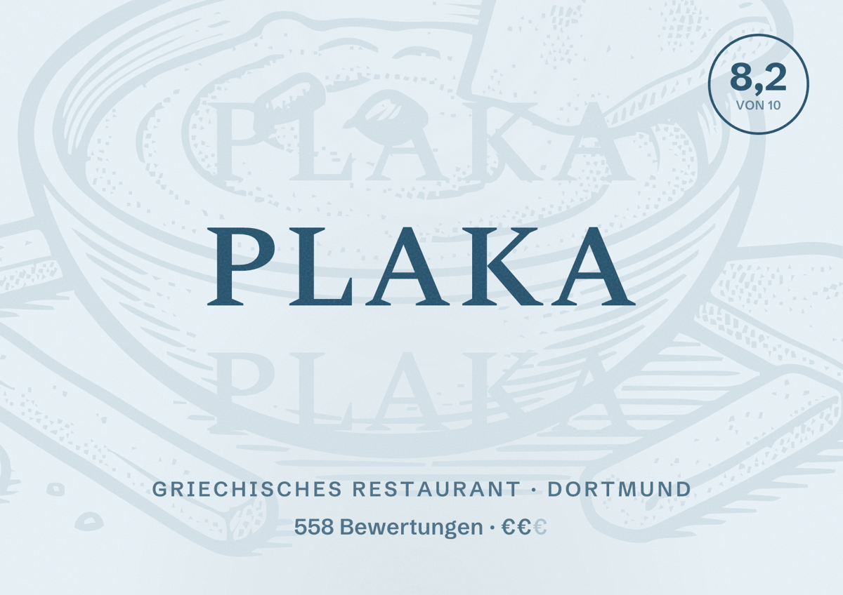 Illustriertes Poster von Plaka, Griechisches Restaurant in Dortmund: Bewertung 8,2 von 10 aus 558 Bewertungen, Preisniveau €€