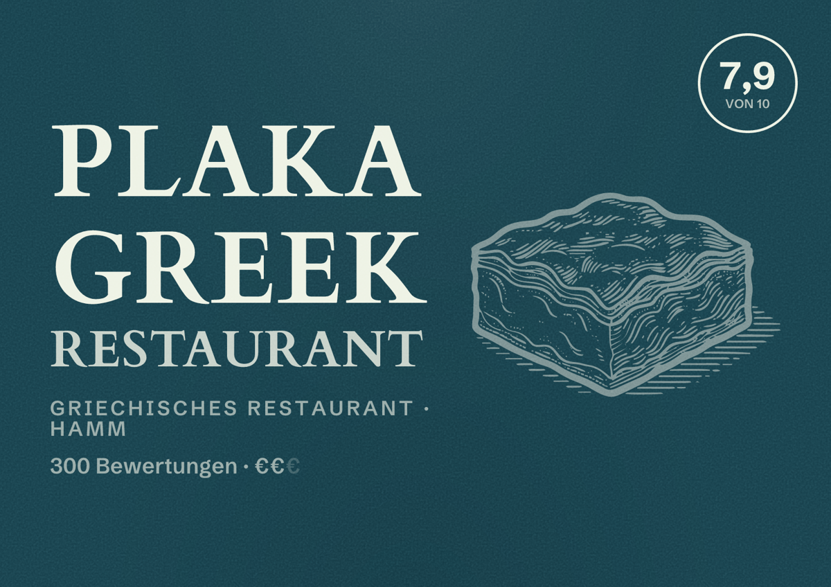 Illustriertes Poster von Plaka Greek Restaurant, Griechisches Restaurant in Hamm: Bewertung 7,9 von 10 aus 300 Bewertungen, Preisniveau €€