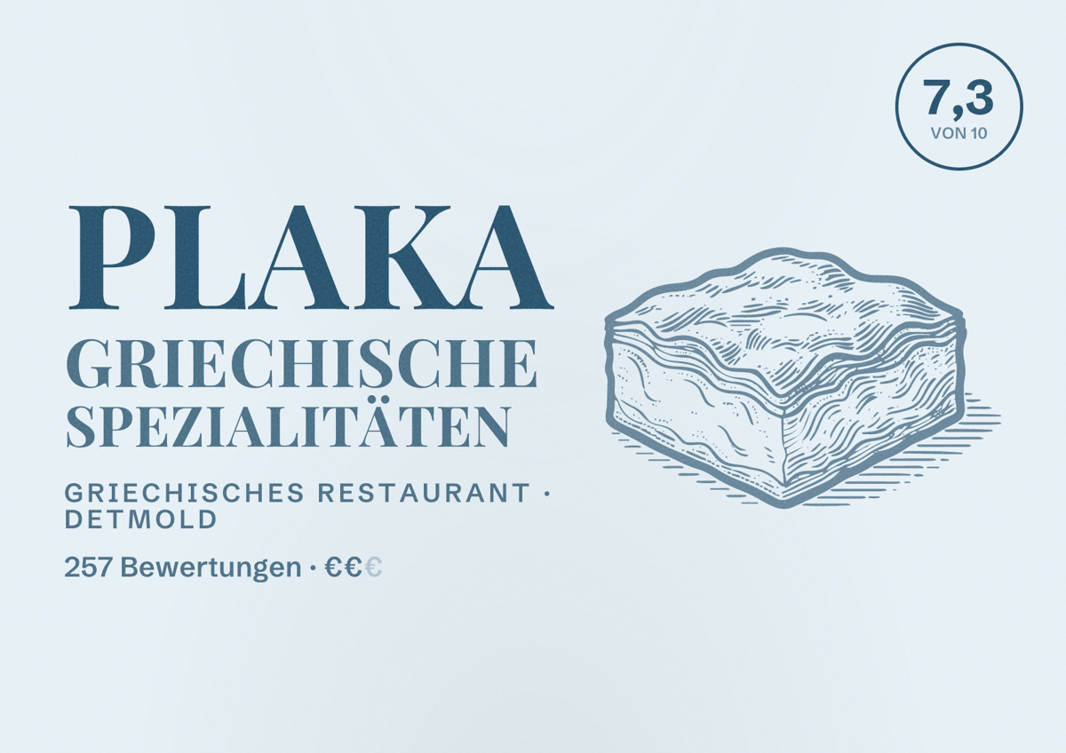 Illustriertes Poster von Plaka Griechische Spezialitäten, Griechisches Restaurant in Detmold: Bewertung 7,3 von 10 aus 257 Bewertungen, Preisniveau €€