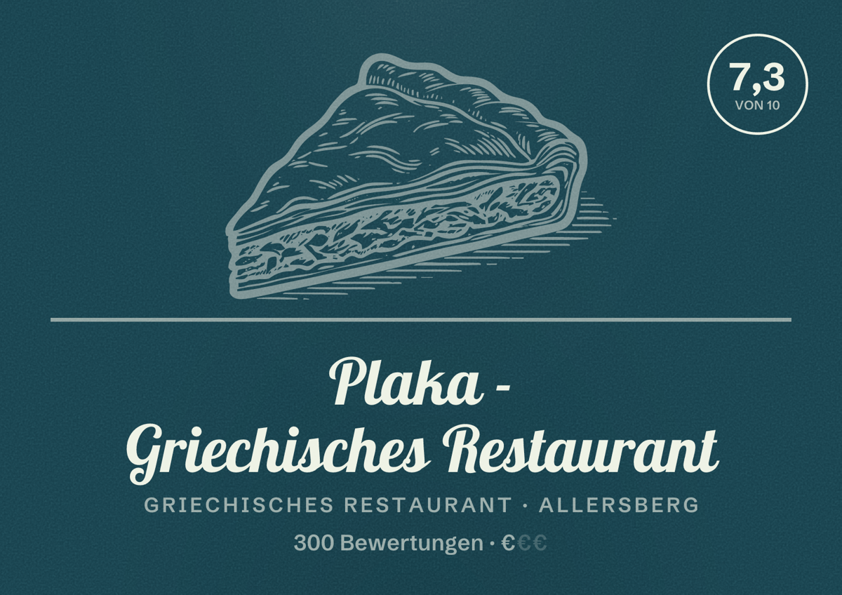 Illustriertes Poster von Plaka - Griechisches Restaurant, Griechisches Restaurant in Allersberg: Bewertung 7,3 von 10 aus 300 Bewertungen, Preisniveau €