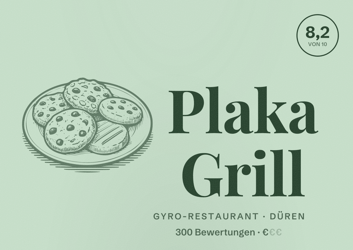 Illustriertes Poster von Plaka Grill, Gyro-Restaurant in Düren: Bewertung 8,2 von 10 aus 300 Bewertungen, Preisniveau €