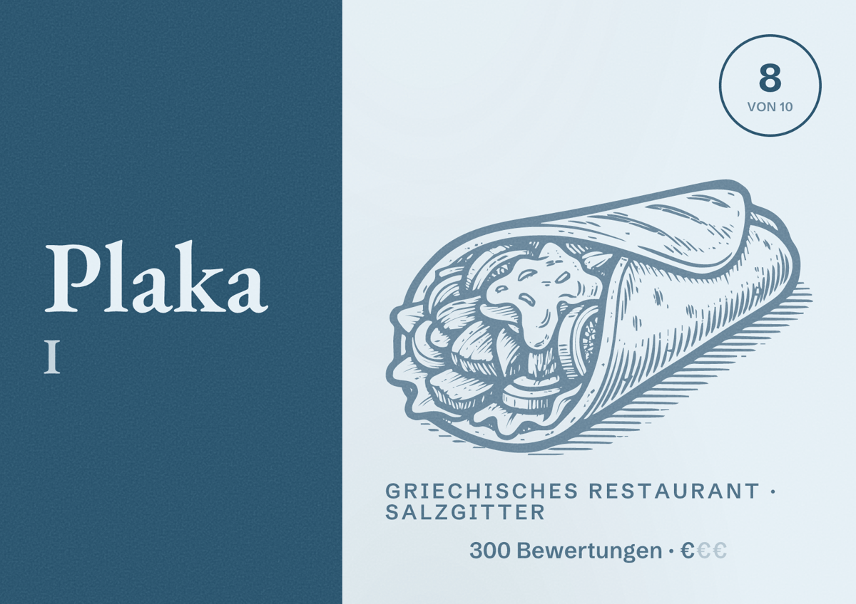 Illustriertes Poster von Plaka I, Griechisches Restaurant in Salzgitter: Bewertung 8 von 10 aus 300 Bewertungen, Preisniveau €