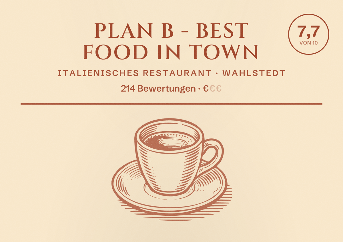 Illustriertes Poster von PLAN B - BEST FOOD IN TOWN, Italienisches Restaurant in Wahlstedt: Bewertung 7,7 von 10 aus 214 Bewertungen, Preisniveau €