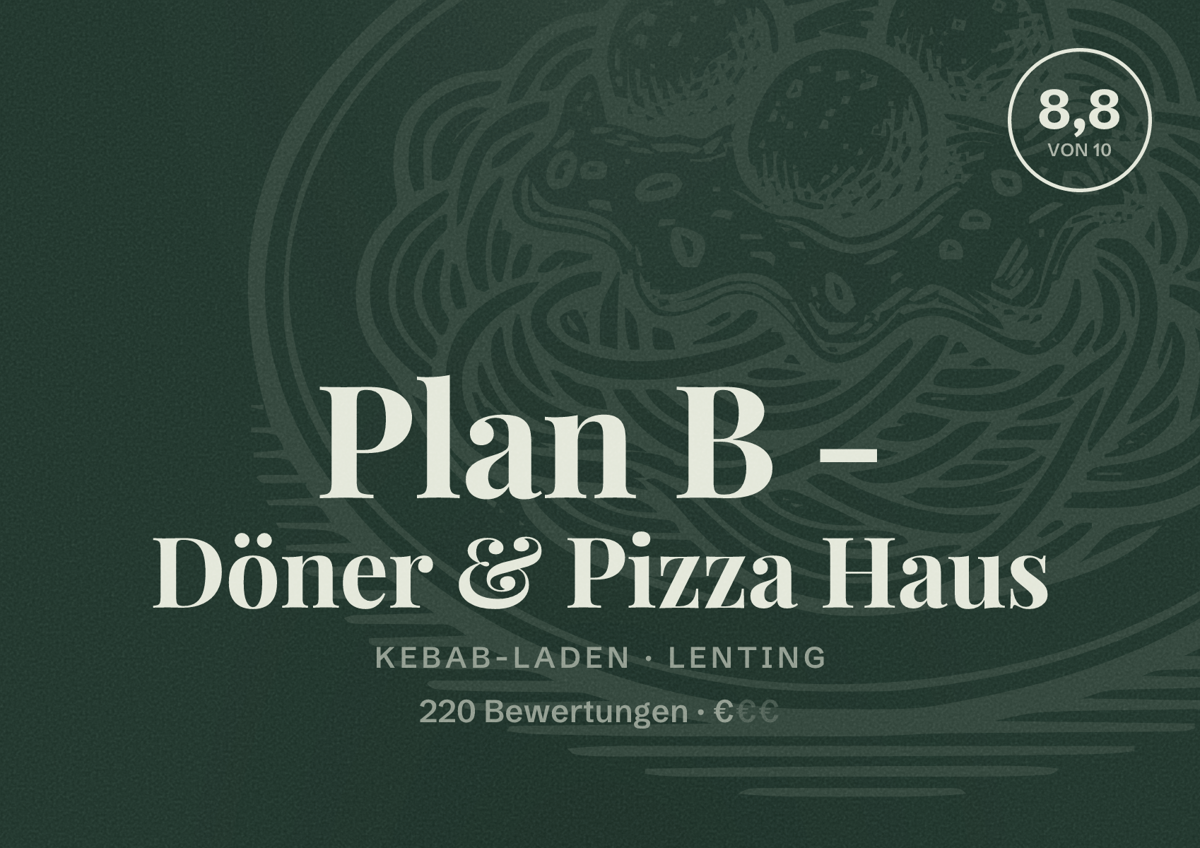 Illustriertes Poster von Plan B - Döner & Pizza Haus, Kebab-Laden in Lenting: Bewertung 8,8 von 10 aus 220 Bewertungen, Preisniveau €
