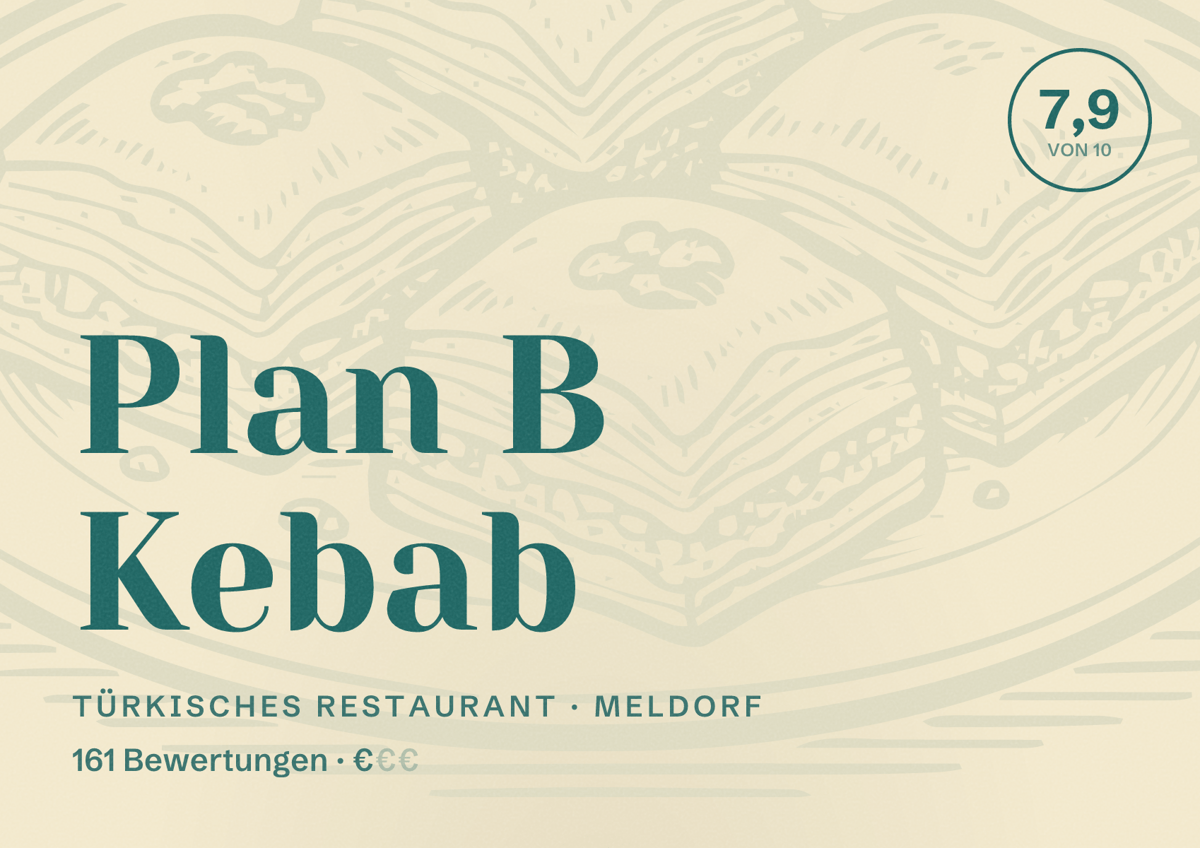Illustriertes Poster von Plan B Kebab, Türkisches Restaurant in Meldorf: Bewertung 7,9 von 10 aus 161 Bewertungen, Preisniveau €