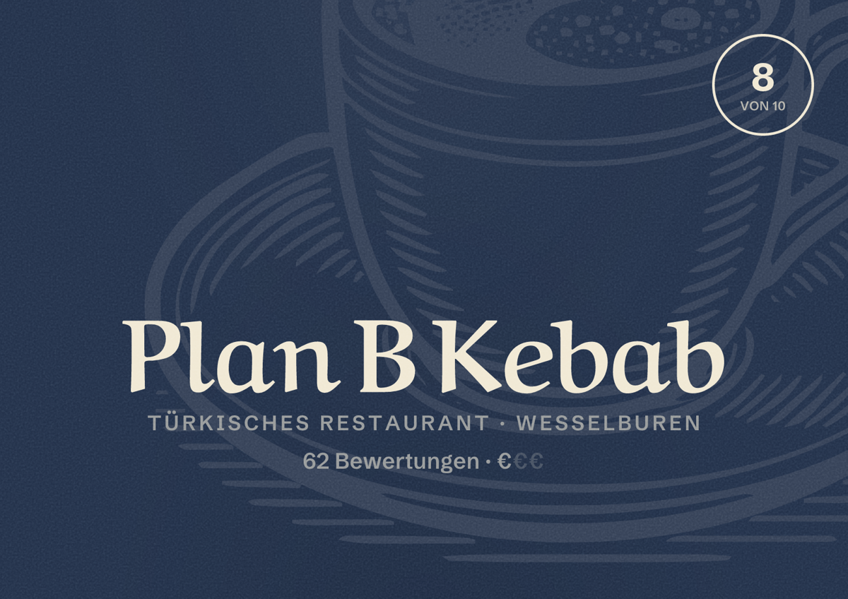 Illustriertes Poster von Plan B Kebab, Türkisches Restaurant in Wesselburen: Bewertung 8 von 10 aus 62 Bewertungen, Preisniveau €