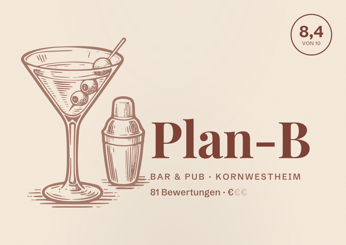 Illustriertes Poster von Plan-B, Bar & Pub in Kornwestheim: Bewertung 8,4 von 10 aus 81 Bewertungen, Preisniveau €