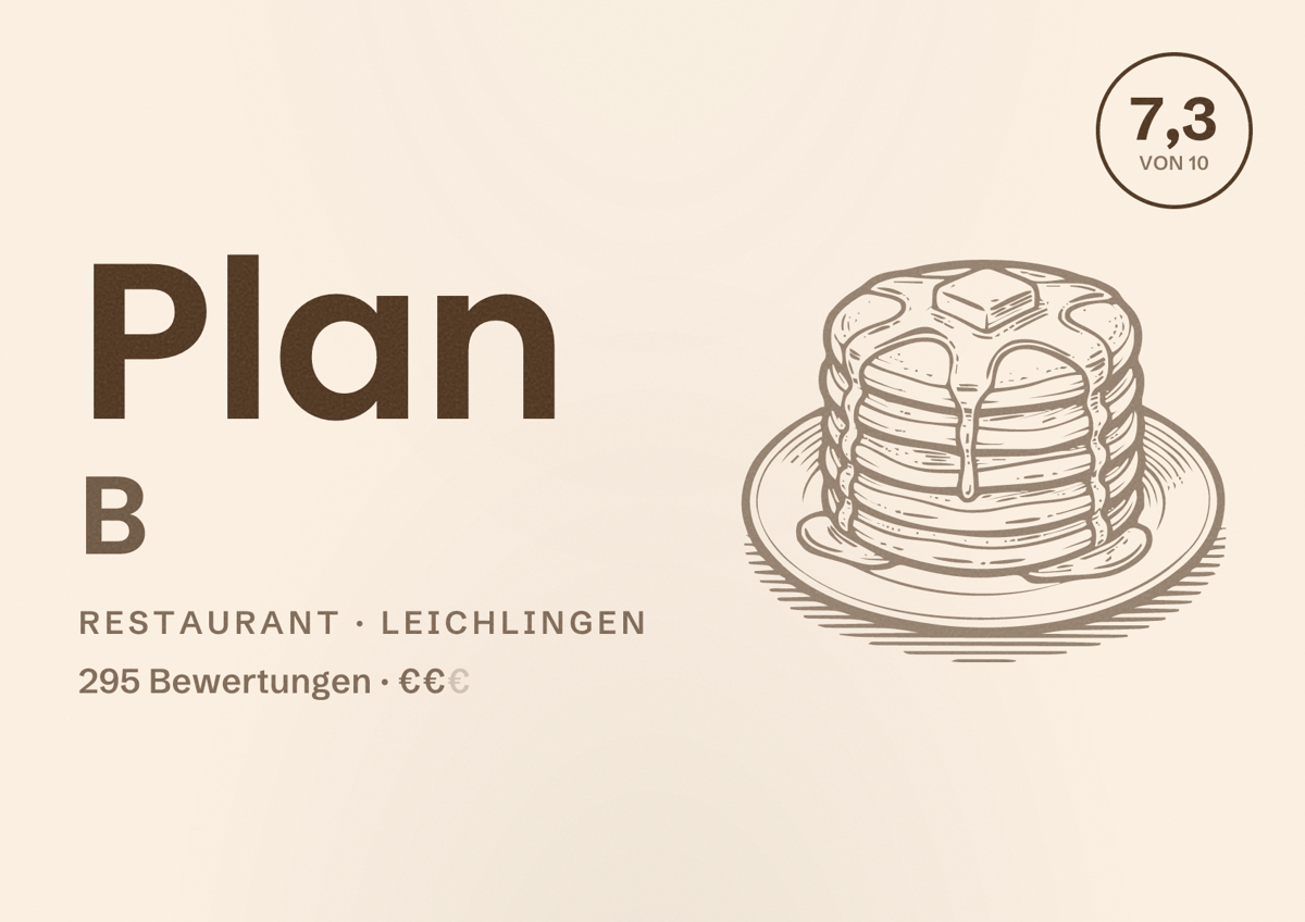 Illustriertes Poster von Plan B, Restaurant in Leichlingen: Bewertung 7,3 von 10 aus 295 Bewertungen, Preisniveau €€