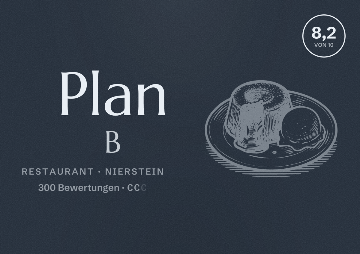 Illustriertes Poster von Plan B, Restaurant in Nierstein: Bewertung 8,2 von 10 aus 300 Bewertungen, Preisniveau €€