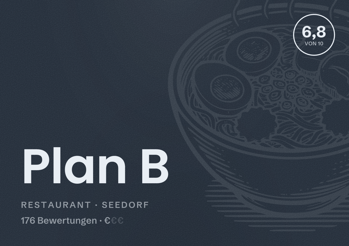 Illustriertes Poster von Plan B, Restaurant in Seedorf: Bewertung 6,8 von 10 aus 176 Bewertungen, Preisniveau €