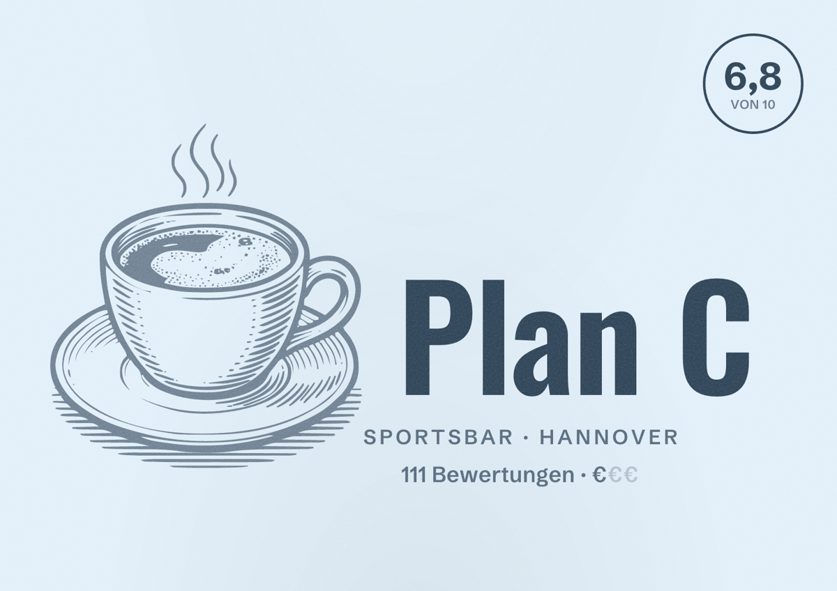 Illustriertes Poster von Plan C, Sportsbar in Hannover: Bewertung 6,8 von 10 aus 111 Bewertungen, Preisniveau €