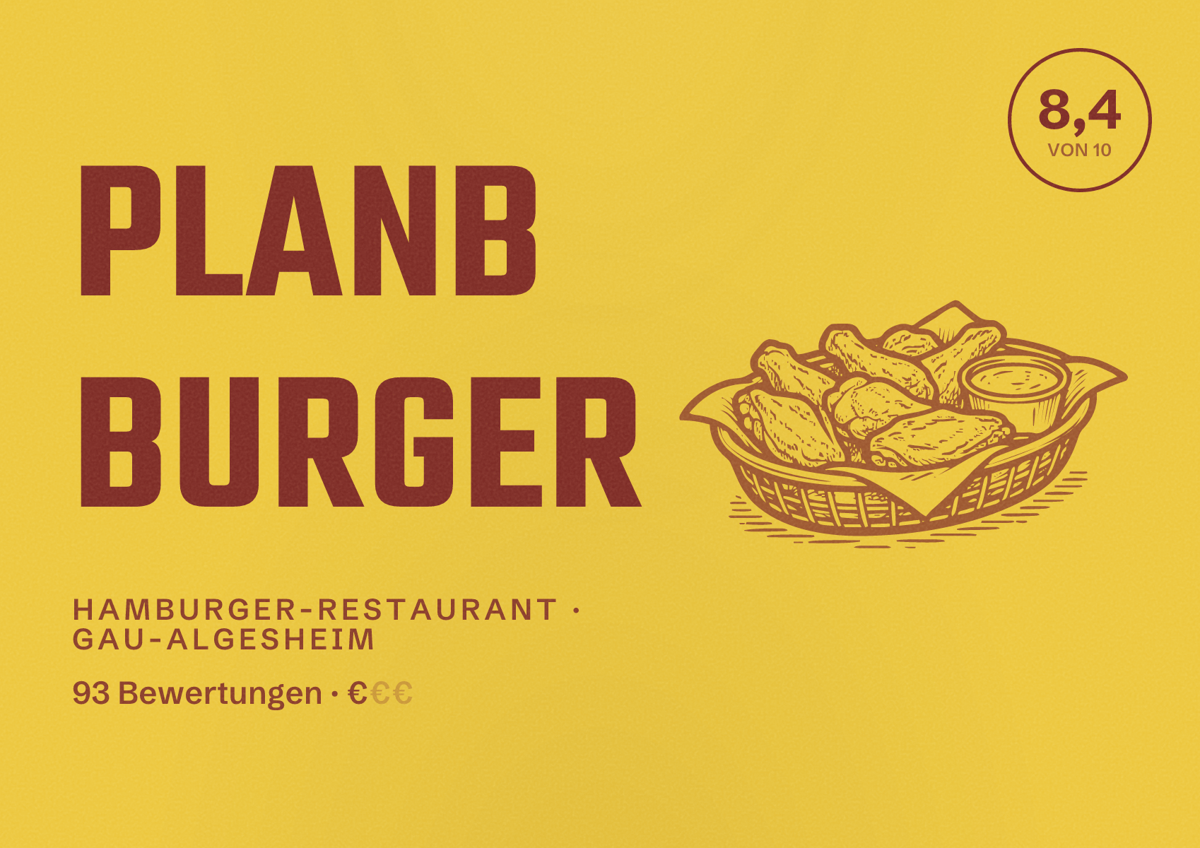 Illustriertes Poster von PlanB Burger, Hamburger-Restaurant in Gau-Algesheim: Bewertung 8,4 von 10 aus 93 Bewertungen, Preisniveau €