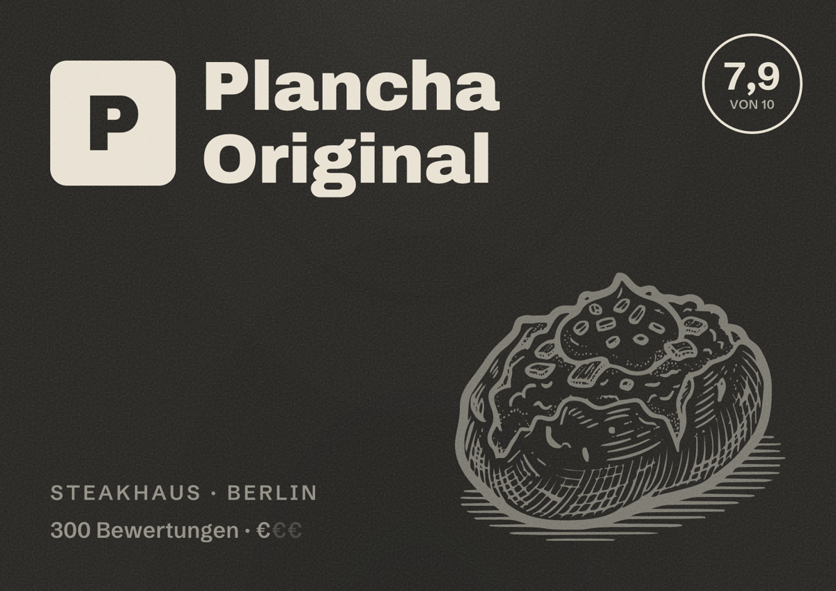 Illustriertes Poster von Plancha Original, Steakhaus in Berlin: Bewertung 7,9 von 10 aus 300 Bewertungen, Preisniveau €