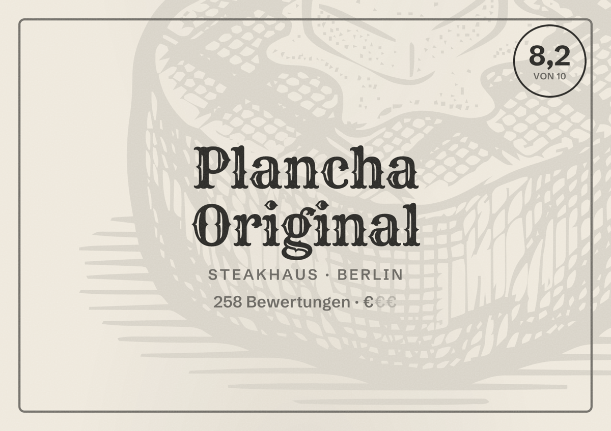 Illustriertes Poster von Plancha Original, Steakhaus in Berlin: Bewertung 8,2 von 10 aus 258 Bewertungen, Preisniveau €