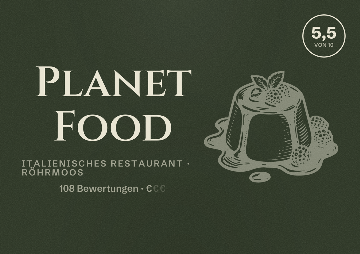 Illustriertes Poster von Planet Food, Italienisches Restaurant in Röhrmoos: Bewertung 5,5 von 10 aus 108 Bewertungen, Preisniveau €