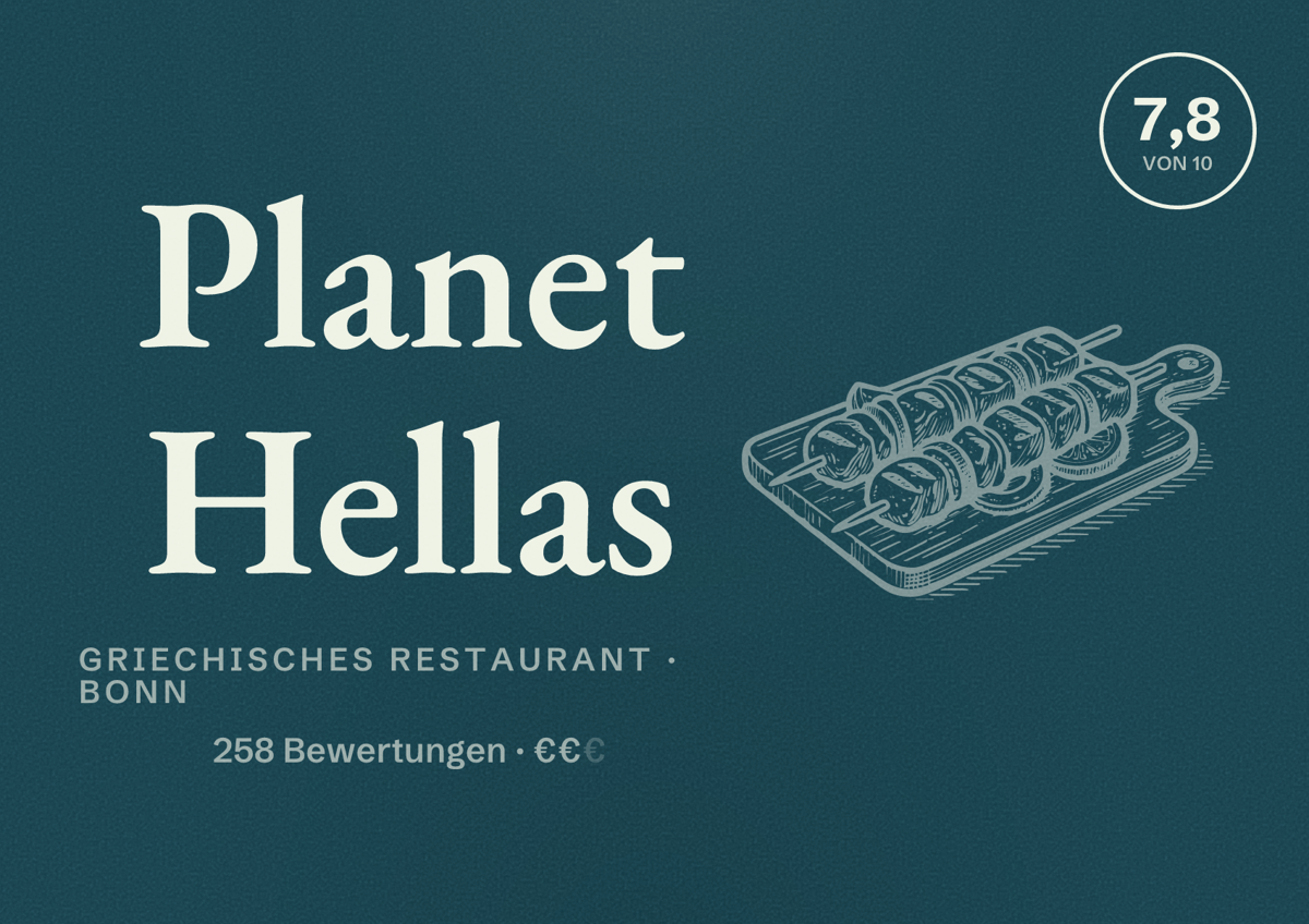 Illustriertes Poster von Planet Hellas, Griechisches Restaurant in Bonn: Bewertung 7,8 von 10 aus 258 Bewertungen, Preisniveau €€