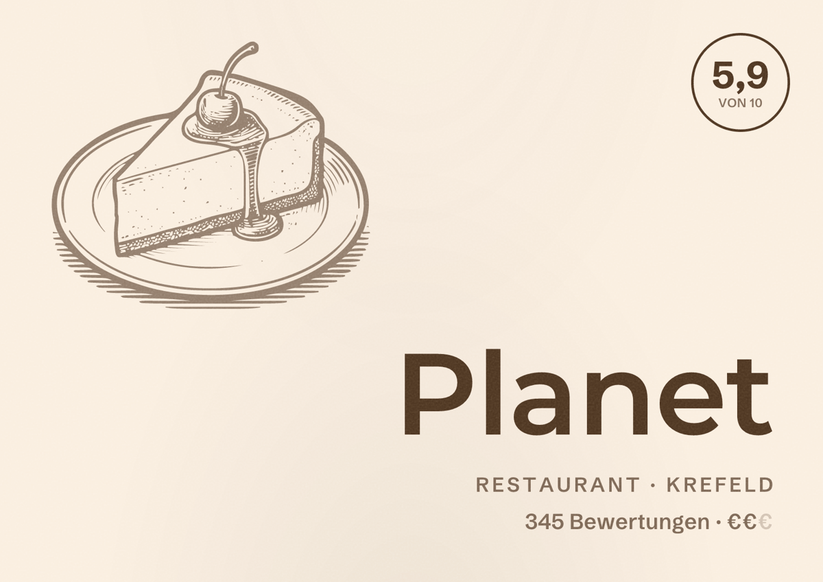 Illustriertes Poster von Planet, Restaurant in Krefeld: Bewertung 5,9 von 10 aus 345 Bewertungen, Preisniveau €€