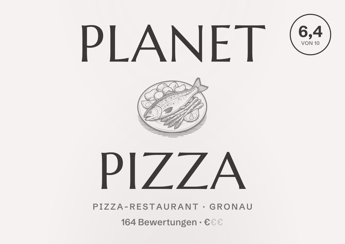 Illustriertes Poster von Planet Pizza, Pizza-Restaurant in Gronau: Bewertung 6,4 von 10 aus 164 Bewertungen, Preisniveau €