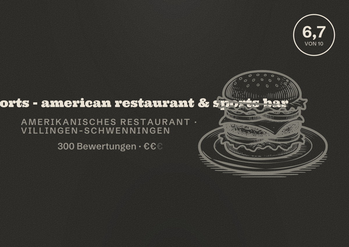 Illustriertes Poster von Planet Sports - american restaurant & sports bar, Amerikanisches Restaurant in Villingen-Schwenningen: Bewertung 6,7 von 10 aus 300 Bewertungen, Preisniveau €€
