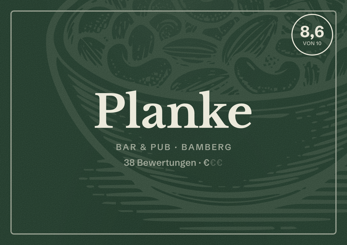 Illustriertes Poster von Planke, Bar & Pub in Bamberg: Bewertung 8,6 von 10 aus 38 Bewertungen, Preisniveau €