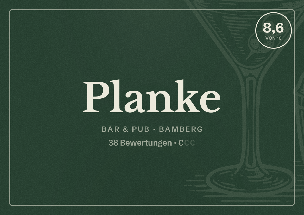 Illustriertes Poster von Planke, Bar & Pub in Bamberg: Bewertung 8,6 von 10 aus 38 Bewertungen, Preisniveau €
