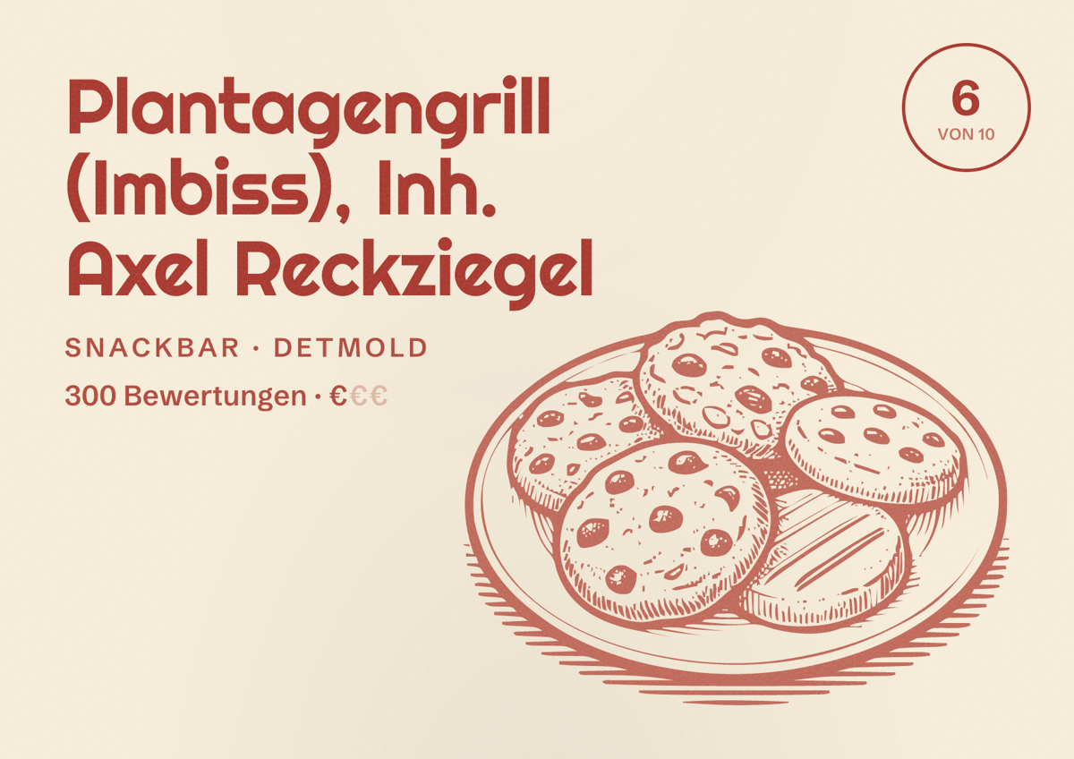 Illustriertes Poster von Plantagengrill (Imbiss), Inh. Axel Reckziegel, Snackbar in Detmold: Bewertung 6 von 10 aus 300 Bewertungen, Preisniveau €