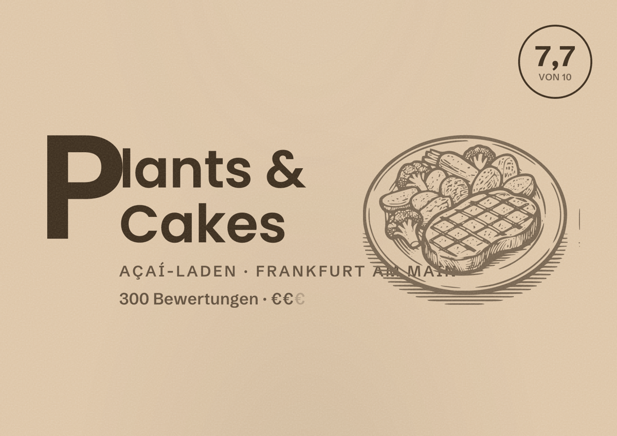 Illustriertes Poster von Plants & Cakes, Açaí-Laden in Frankfurt am Main: Bewertung 7,7 von 10 aus 300 Bewertungen, Preisniveau €€
