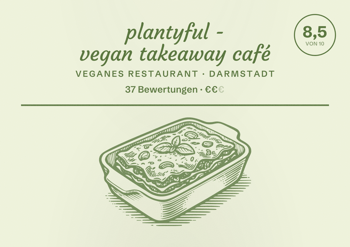 Illustriertes Poster von plantyful - vegan takeaway café, Veganes Restaurant in Darmstadt: Bewertung 8,5 von 10 aus 37 Bewertungen, Preisniveau €€
