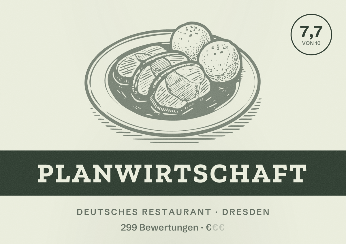 Illustriertes Poster von Planwirtschaft, Deutsches Restaurant in Dresden: Bewertung 7,7 von 10 aus 299 Bewertungen, Preisniveau €
