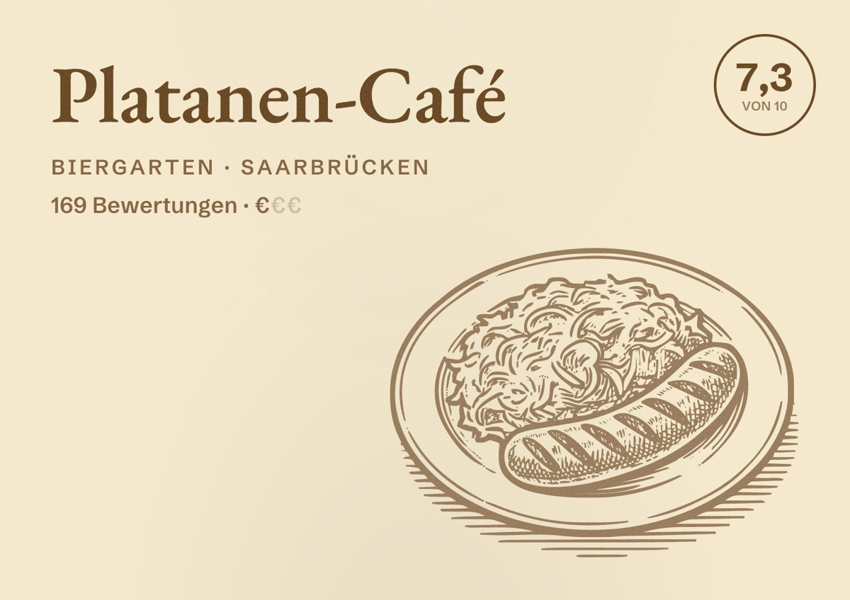 Illustriertes Poster von Platanen-Café, Biergarten in Saarbrücken: Bewertung 7,3 von 10 aus 169 Bewertungen, Preisniveau €