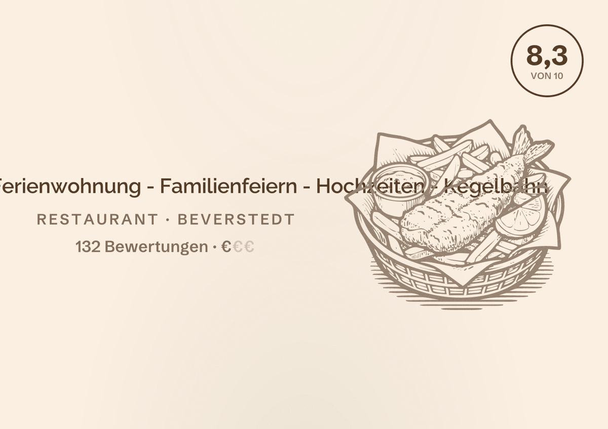 Illustriertes Poster von Plates Gasthof - Ferienwohnung - Familienfeiern - Hochzeiten - Kegelbahn, Restaurant in Beverstedt: Bewertung 8,3 von 10 aus 132 Bewertungen, Preisniveau €