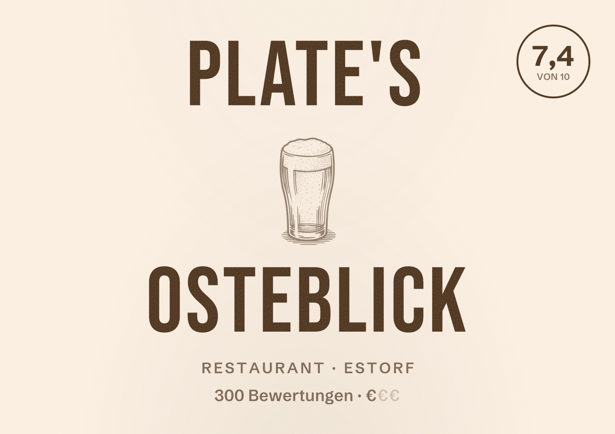 Illustriertes Poster von Plate's Osteblick, Restaurant in Estorf: Bewertung 7,4 von 10 aus 300 Bewertungen, Preisniveau €