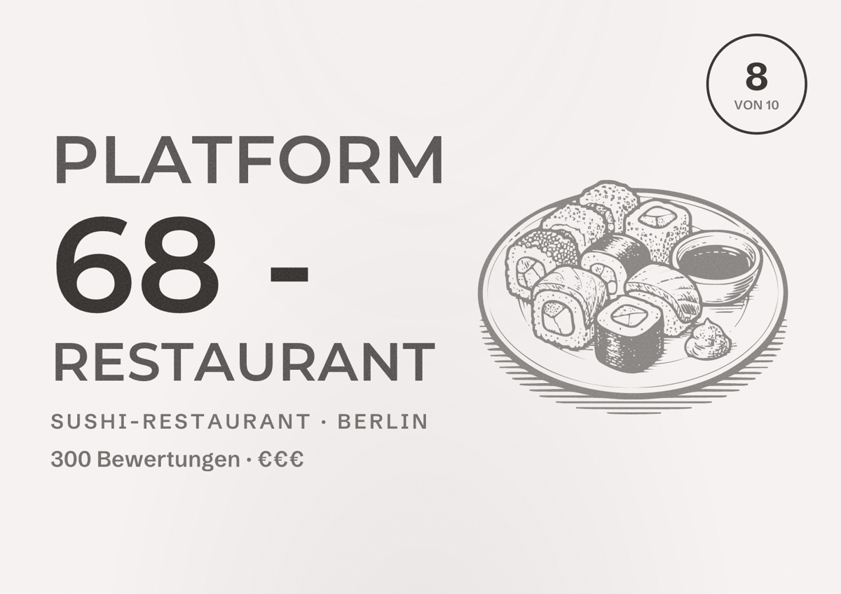 Illustriertes Poster von Platform 68 - Restaurant, Sushi-Restaurant in Berlin: Bewertung 8,0 von 10 aus 300 Bewertungen, Preisniveau €€€