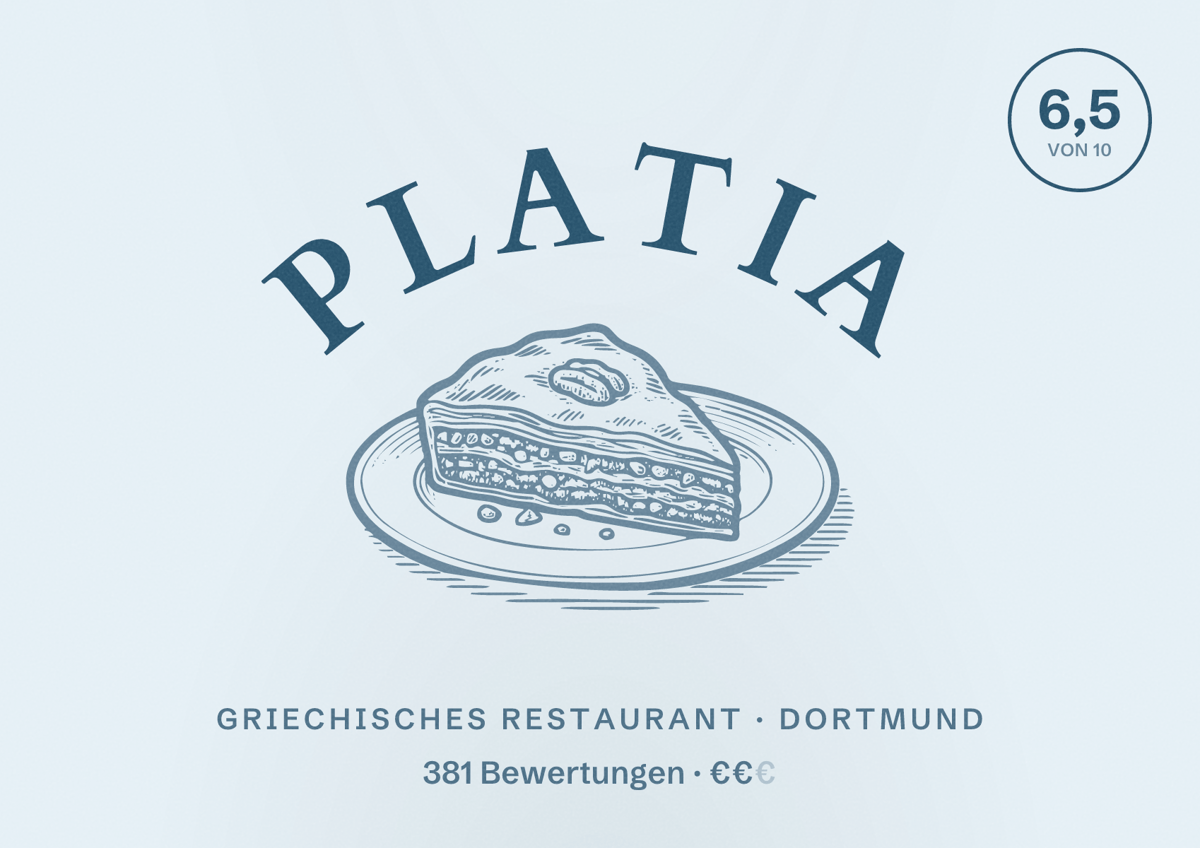 Illustriertes Poster von Platia, Griechisches Restaurant in Dortmund: Bewertung 6,5 von 10 aus 381 Bewertungen, Preisniveau €€