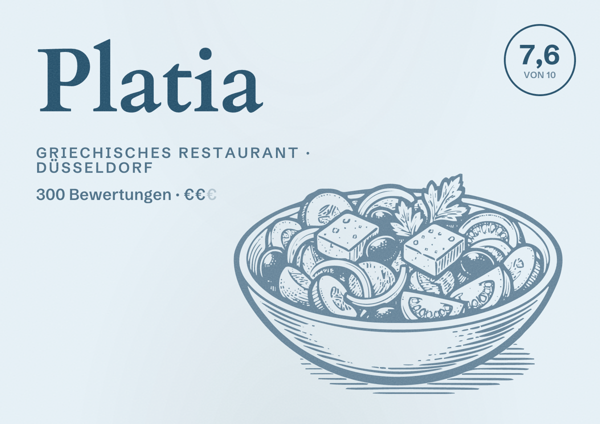 Illustriertes Poster von Platia, Griechisches Restaurant in Düsseldorf: Bewertung 7,6 von 10 aus 300 Bewertungen, Preisniveau €€