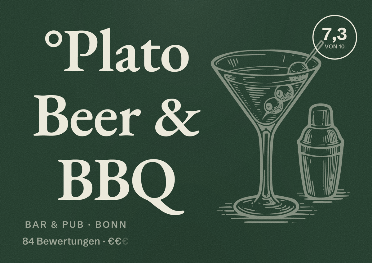 Illustriertes Poster von °Plato Beer & BBQ, Bar & Pub in Bonn: Bewertung 7,3 von 10 aus 84 Bewertungen, Preisniveau €€