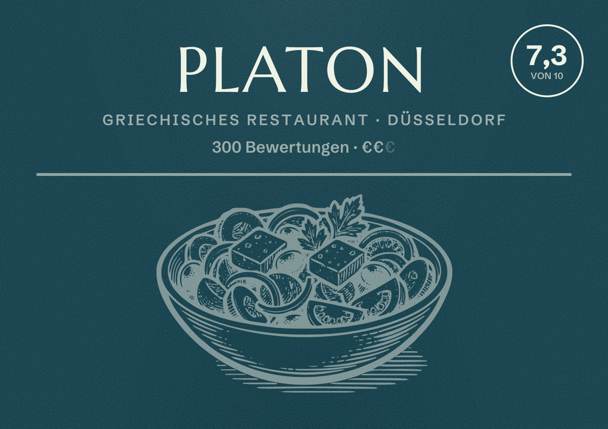 Illustriertes Poster von Platon, Griechisches Restaurant in Düsseldorf: Bewertung 7,3 von 10 aus 300 Bewertungen, Preisniveau €€