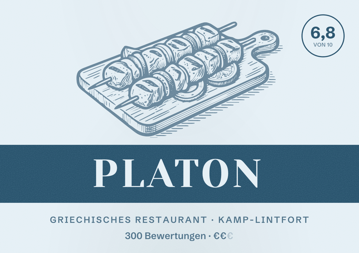 Illustriertes Poster von Platon, Griechisches Restaurant in Kamp-Lintfort: Bewertung 6,8 von 10 aus 300 Bewertungen, Preisniveau €€