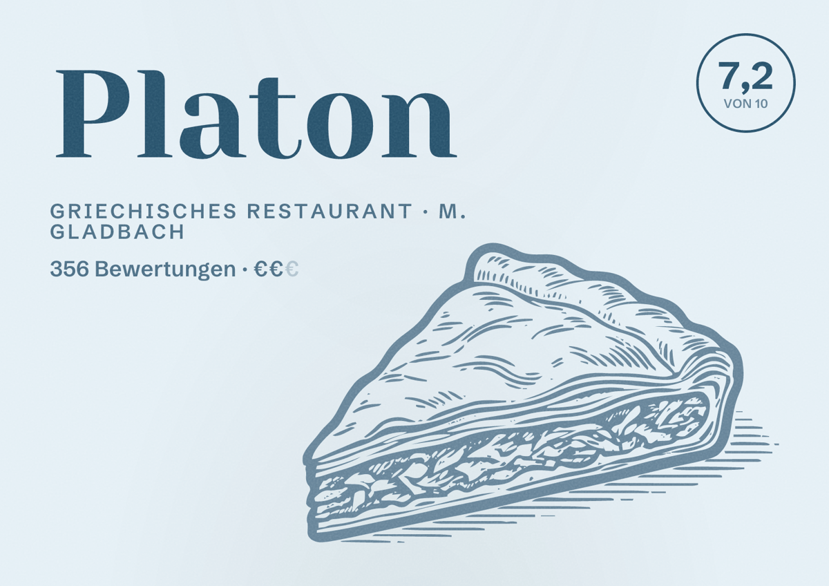 Illustriertes Poster von Platon, Griechisches Restaurant in M. Gladbach: Bewertung 7,2 von 10 aus 356 Bewertungen, Preisniveau €€