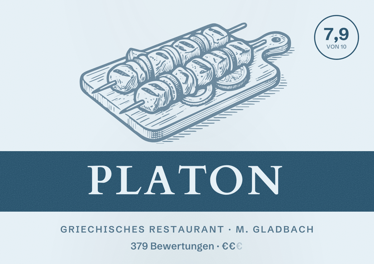 Illustriertes Poster von Platon, Griechisches Restaurant in M. Gladbach: Bewertung 7,9 von 10 aus 379 Bewertungen, Preisniveau €€