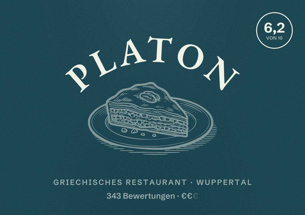 Illustriertes Poster von Platon, Griechisches Restaurant in Wuppertal: Bewertung 6,2 von 10 aus 343 Bewertungen, Preisniveau €€