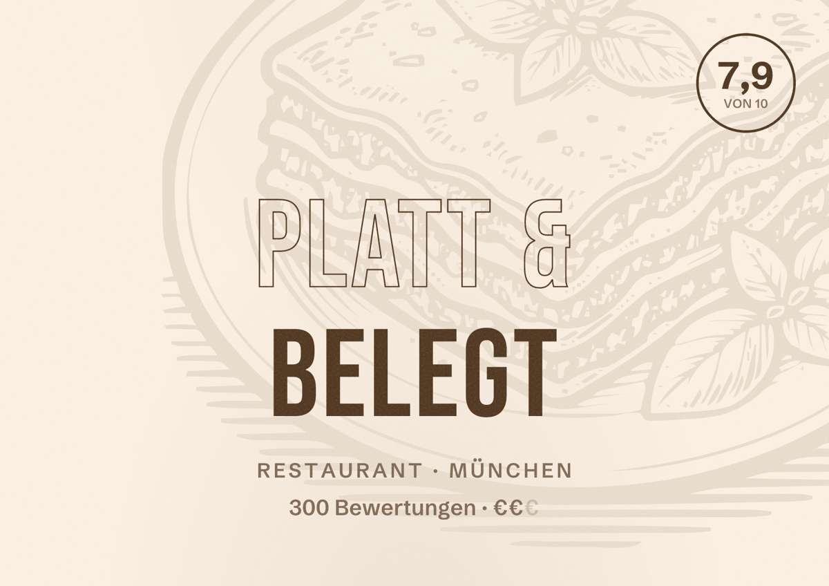 Illustriertes Poster von platt & belegt, Restaurant in München: Bewertung 7,9 von 10 aus 300 Bewertungen, Preisniveau €€