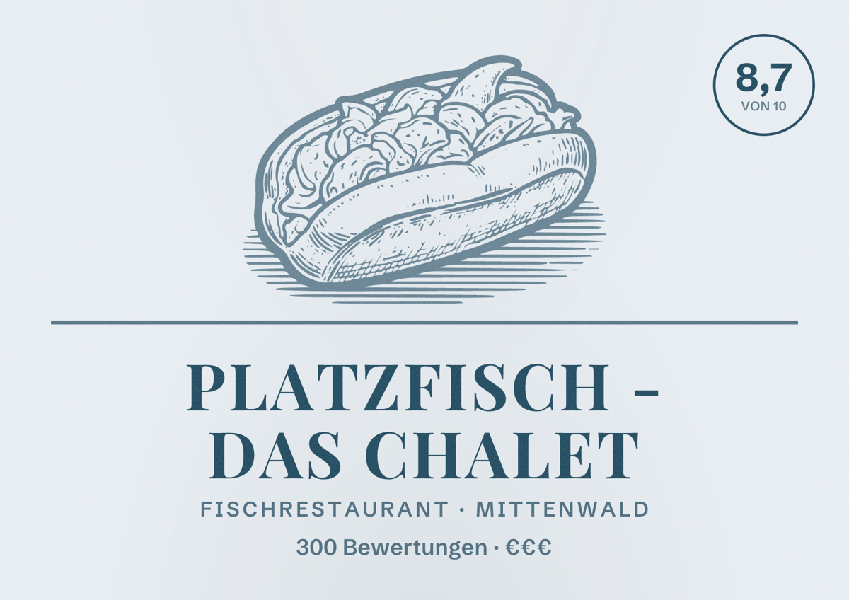 Illustriertes Poster von Platzfisch - Das Chalet, Fischrestaurant in Mittenwald: Bewertung 8,7 von 10 aus 300 Bewertungen, Preisniveau €€€